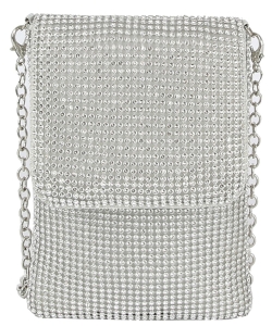 Rhinestone Metal Mesh Cell Phone Purse Crossbody Bag LGL001 SILVER